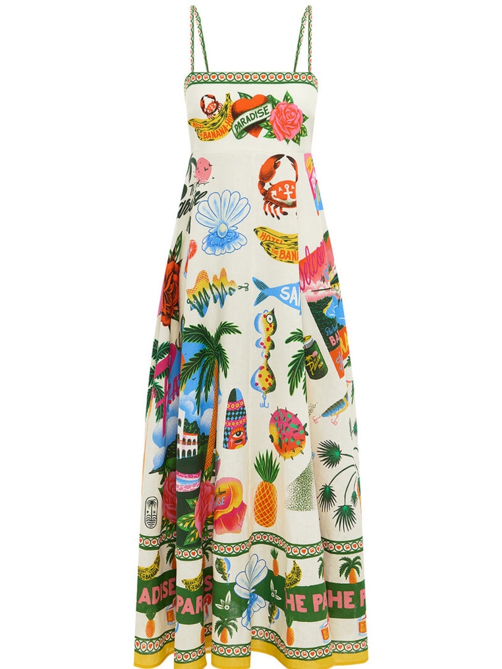 Joie Cream Maxi Dress with Green and Pink Tropical Trim